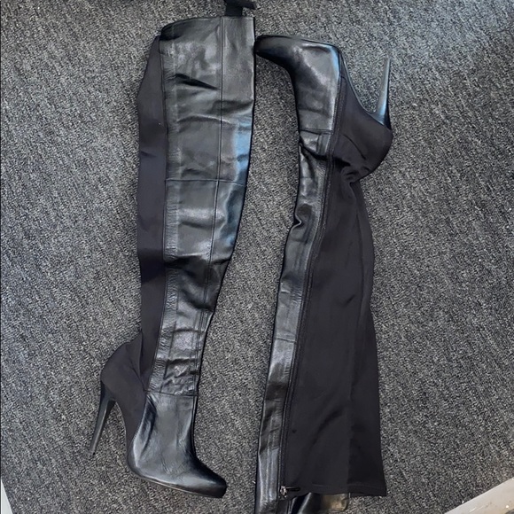 Black leather thigh high boots